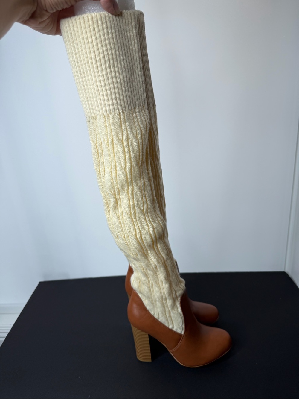 Leila Stone Cream Knit Over-the-Knee Heeled Boots with Brown Leather Block Heel